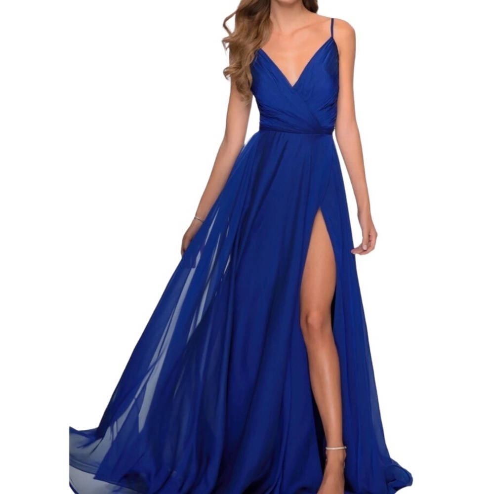 La Femme Pleated Bodice V Neck Chiffon Dress Gown Blue Size 0 Leg Slit Faux Wrap - Picture 1 of 9
